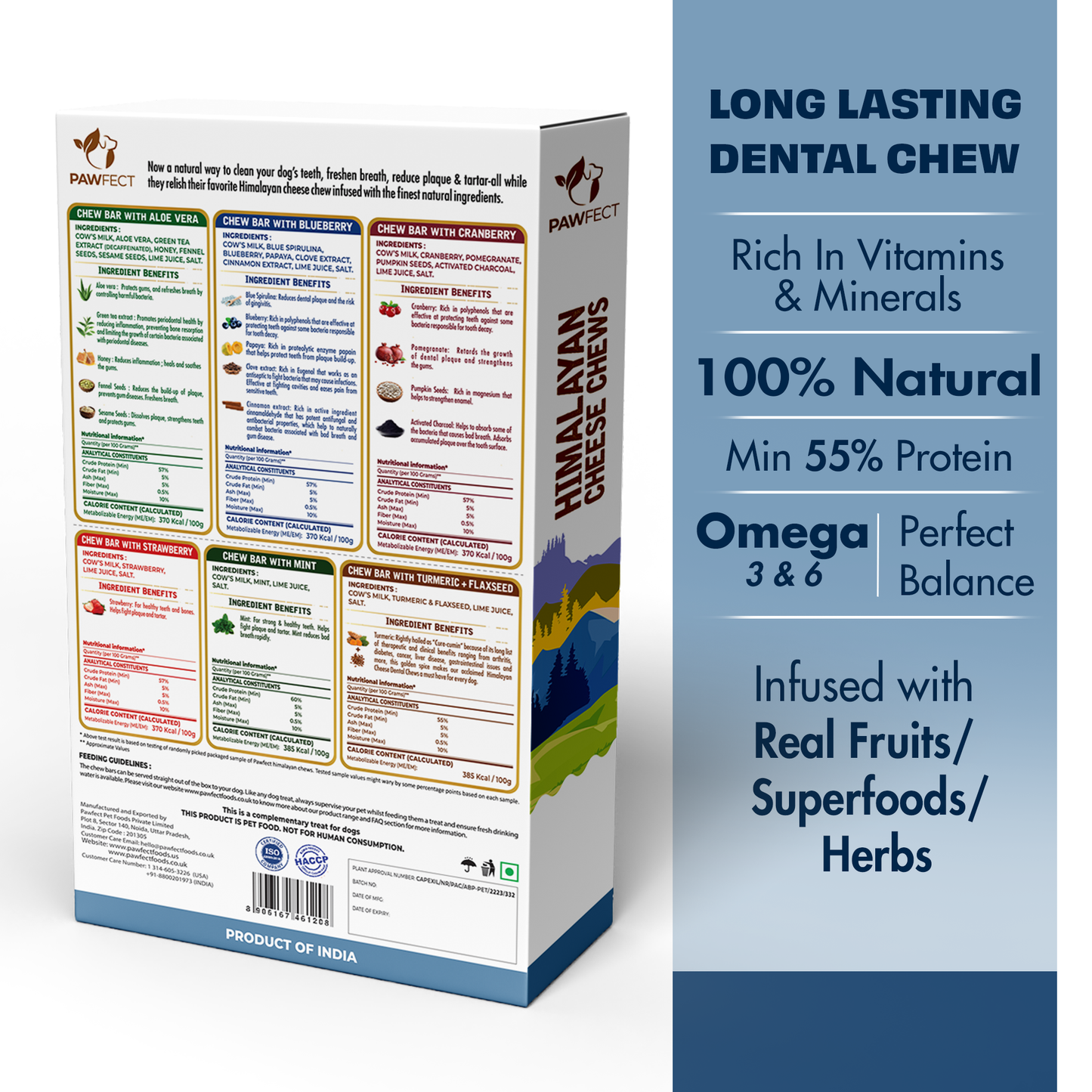 Pawfect Himalayan Cheese Chew Bars Variety Pack (Medium) - Pack of 6 (Strawberry, Mint, Turmeric, Blueberry, Cranberry, Aloe Vera) (390g/13.75oz)