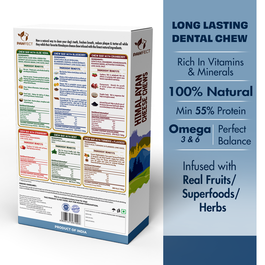 Pawfect Himalayan Cheese Chew Bars Variety Pack (Medium) - Pack of 6 (Strawberry, Mint, Turmeric, Blueberry, Cranberry, Aloe Vera) (390g/13.75oz)