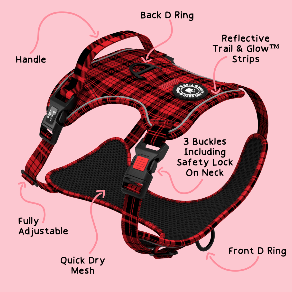 Trail & Glow® Dog Harness - The Red Tartan One: L