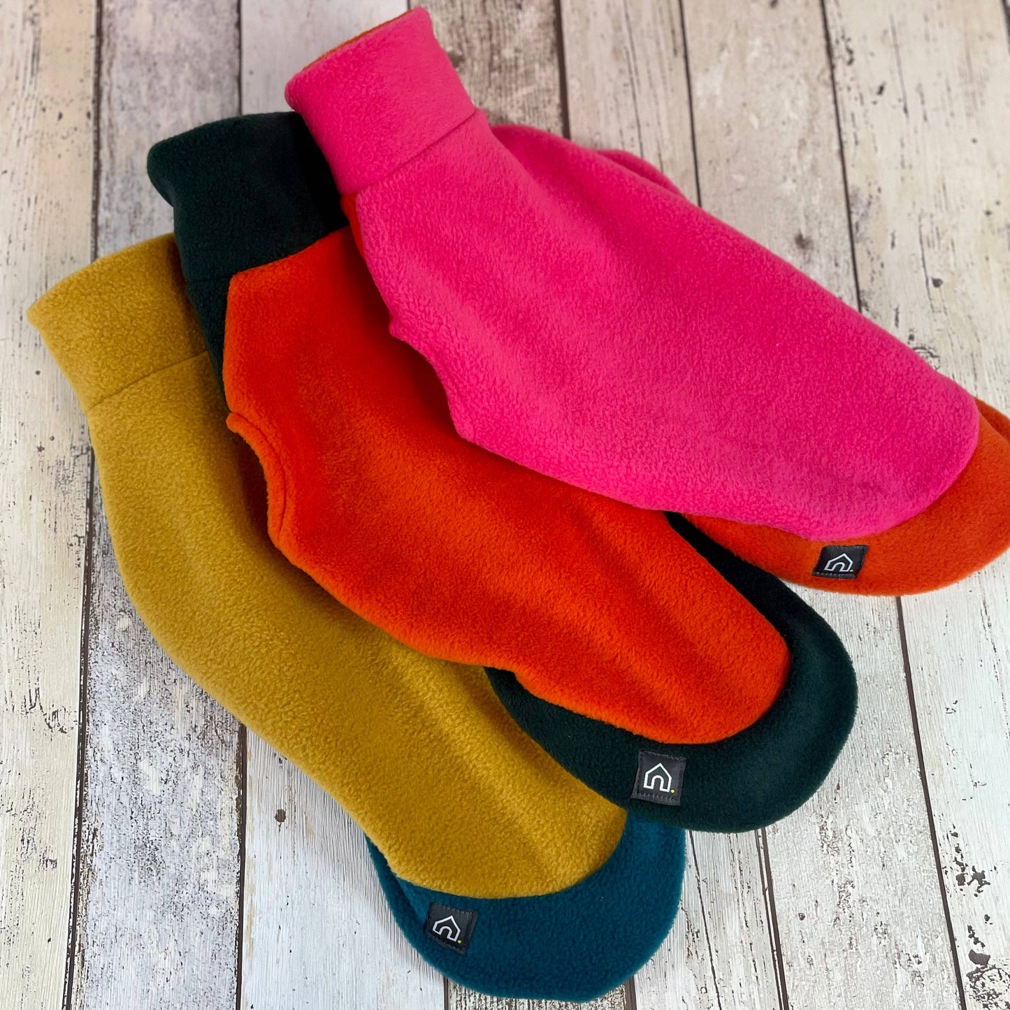 Two-Tone Dachshund Fleece Jumper: Mustard / Teal / Small