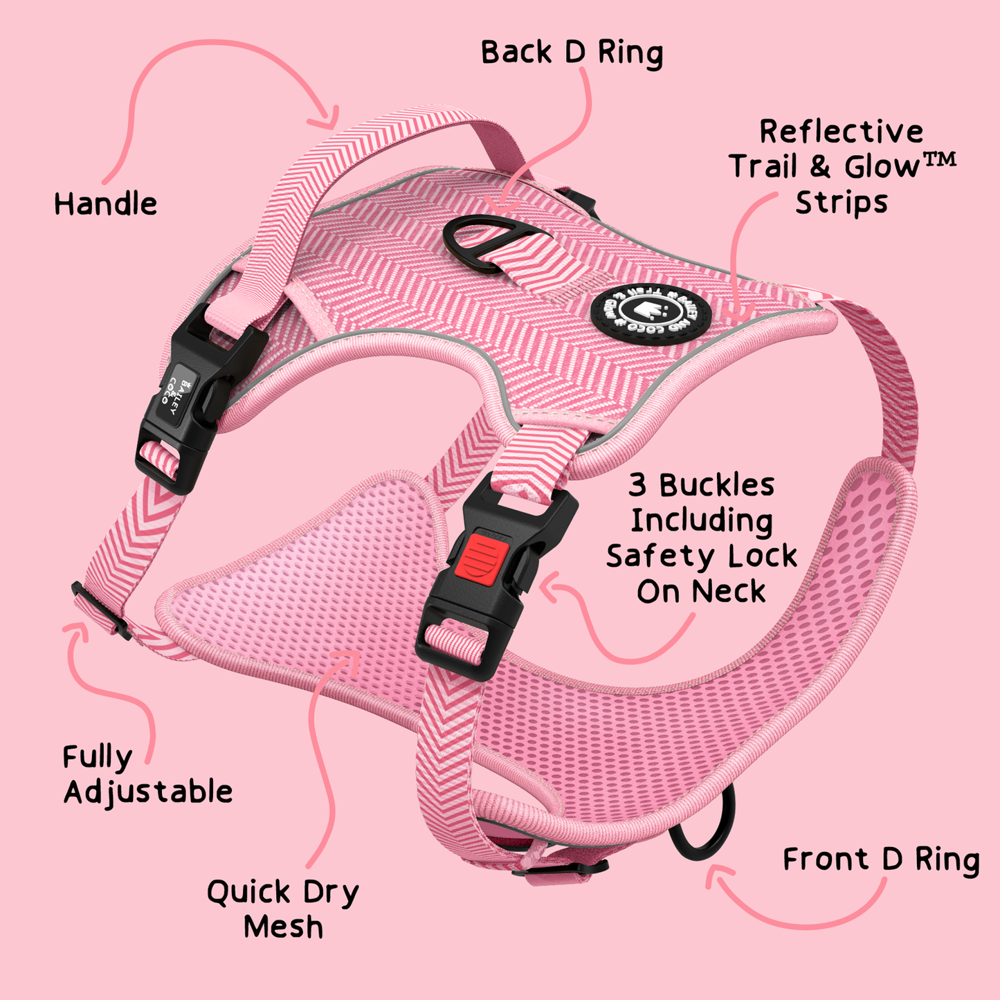 TRAIL & GLOW® DOG HARNESS - BUBBLEGUM PINK TWEED: Large