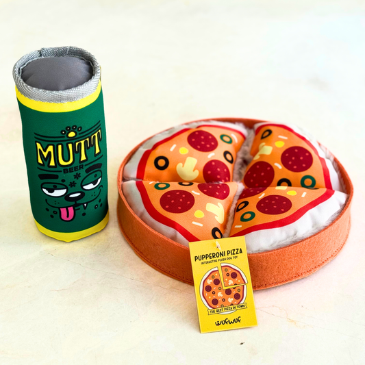 WufWuf Pupperroni Pizza & Mutt Beer Combo Pack, Interactive Plush Dog Toys